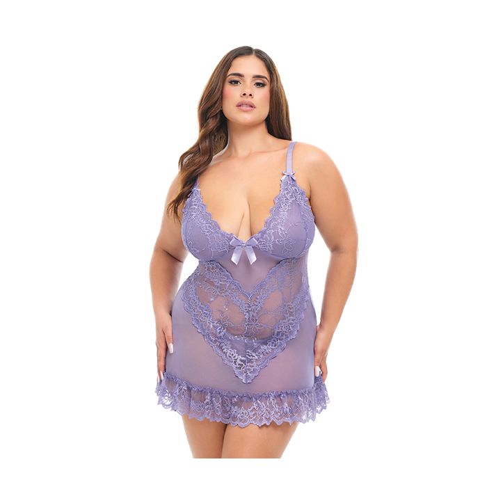Valentine Lace Babydoll w/Bows & G-String - Purple
