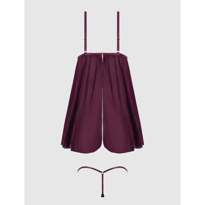 Yasmine Shimmer Mesh O-Ring Slit Cup Babydoll & G-String Set - Burgundy