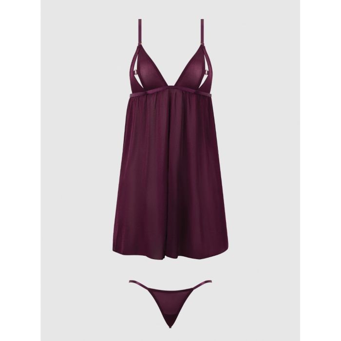 Yasmine Shimmer Mesh O-Ring Slit Cup Babydoll & G-String Set - Burgundy